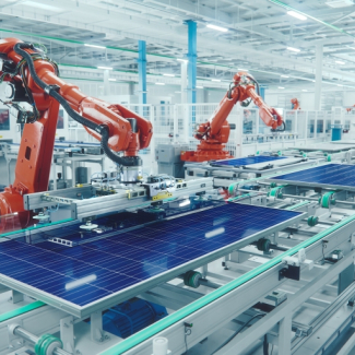 Industrial robots assembling solar panels